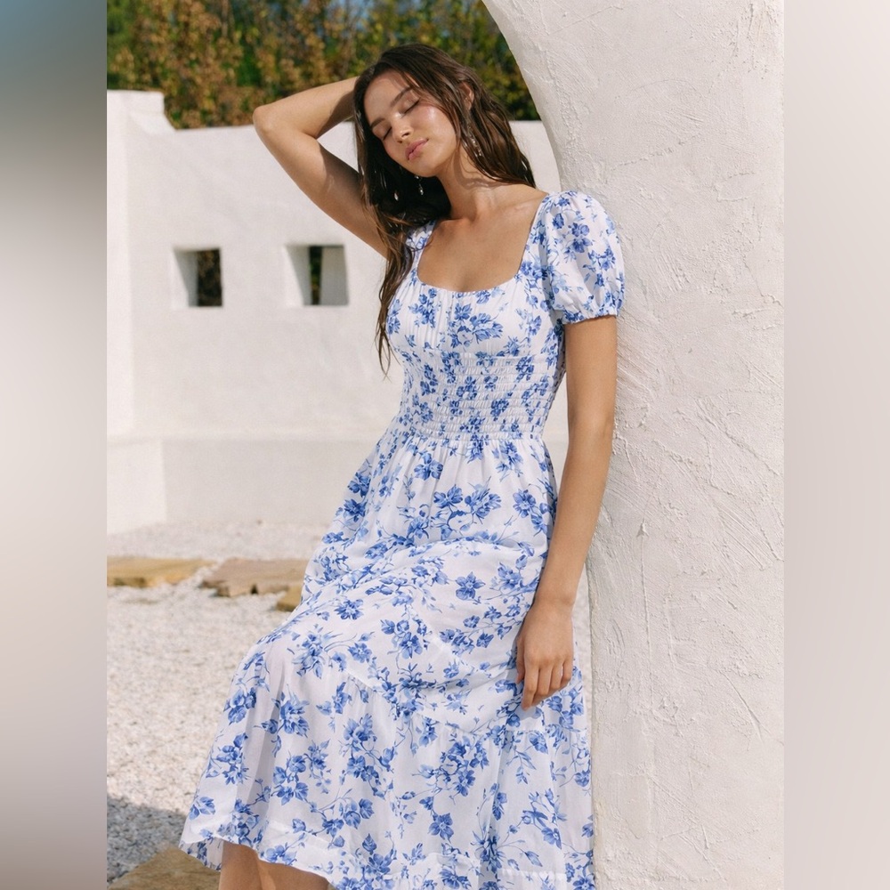 Sim & Sam Blue Toile Floral Smocked Midi Dress Cottagecore Milkmaid L